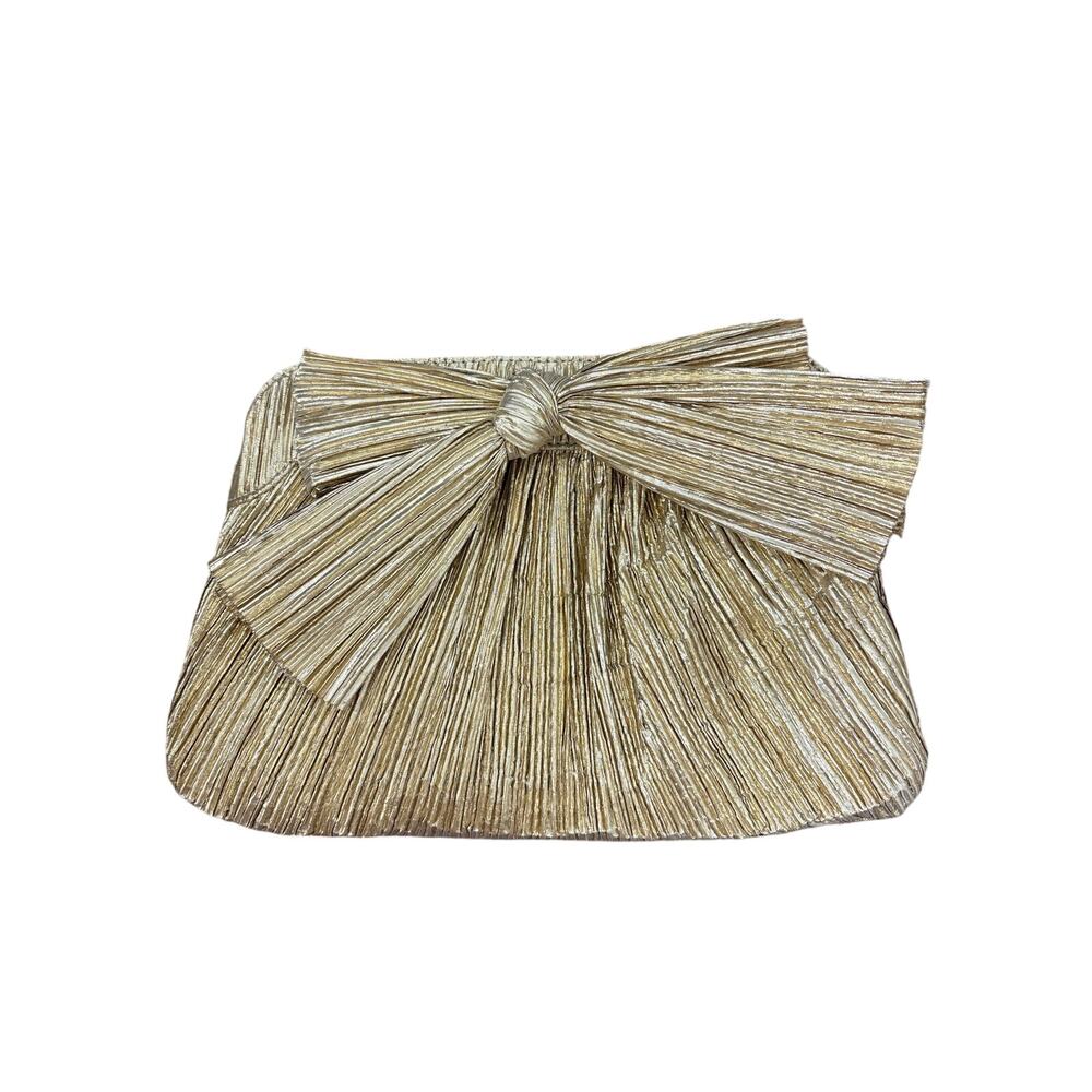 Loeffler Randall Gold Metallic Bow Clutch Sz 9"x11"